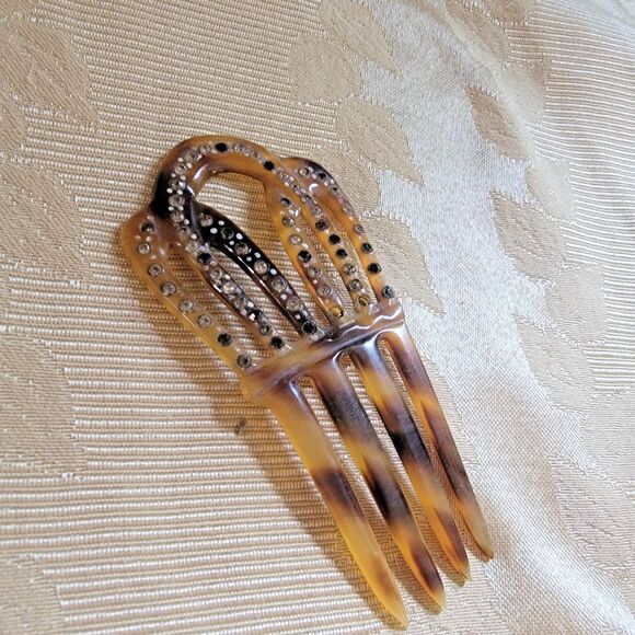 VTG Victorian hair comb faux Tortoise Shell hair ornament w/rhinestones - Picture 8 of 15
